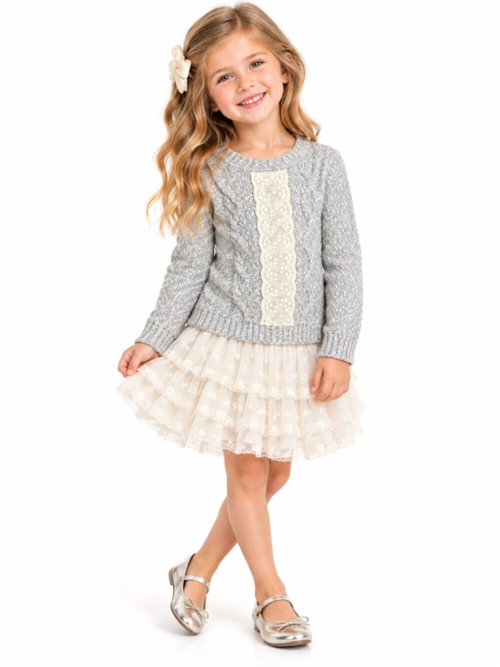 Creamie NWT Girls Sweater Grey With Ivory Lace sz 5 6 7 Boutique European